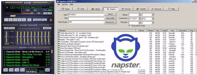 Two windows of Winamp and Napster running side by side